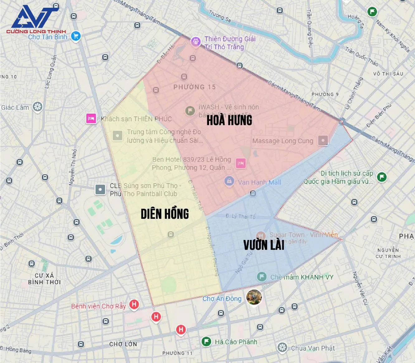 Bản đồ hành chính quận 10 sau sáp nhập - khu vực phường Diên Hồng (màu vàng) Bản đồ hành chính quận 10 sau sáp nhập - khu vực phường Diên Hồng (màu vàng)